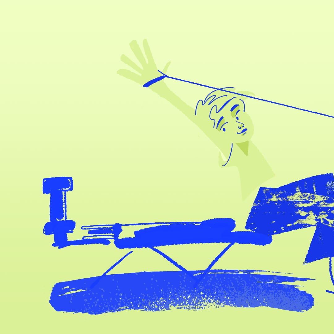 Ilustração de uma pessoa a fazer um exercício GYROTONIC® com o braço estendido no equipamento